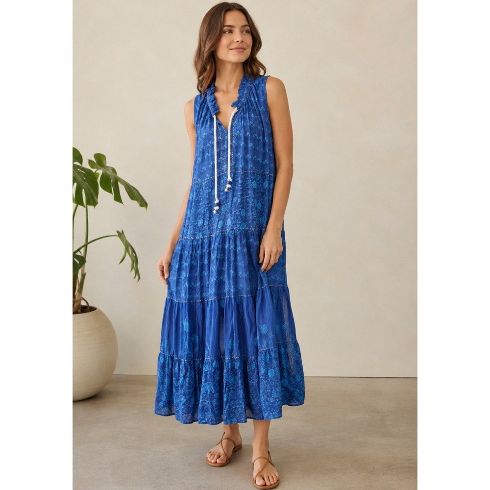 NEW Chelsea & Theodore Tonal Blue Floral Tiered Maxi Dress Sleeveless 2X
